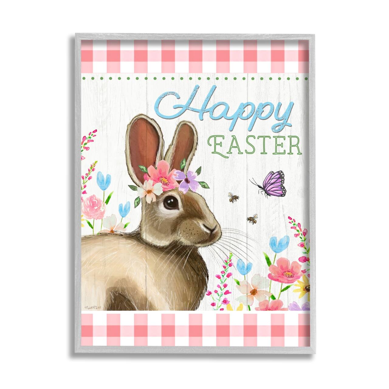 Stupell Industries Happy Easter Floral Gingham Rabbit Framed Giclee Art